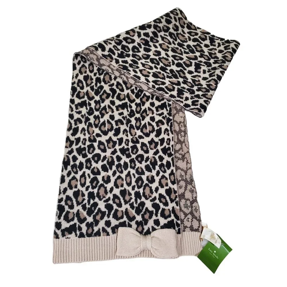 Kate Spade New York womens scarf cheetah bow muffler jacquard rectangle new